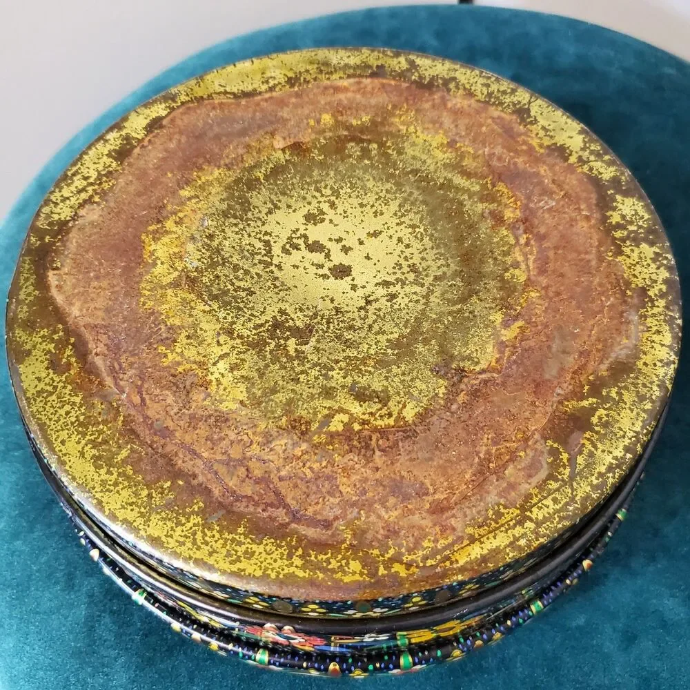 Vintage Floral Cloisonné Like Tin Metal Container With Lid Colorful 8